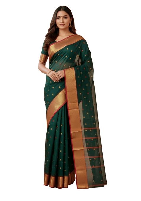 Dark Green Embroidery Cotton Blend Saree