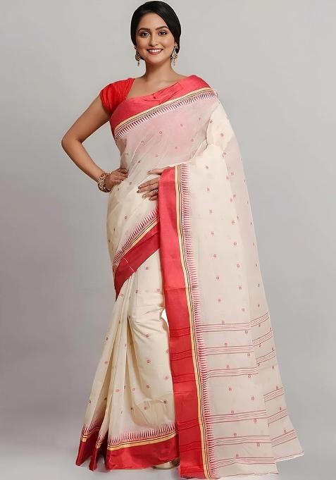 White Embroidery Cotton Blend Saree