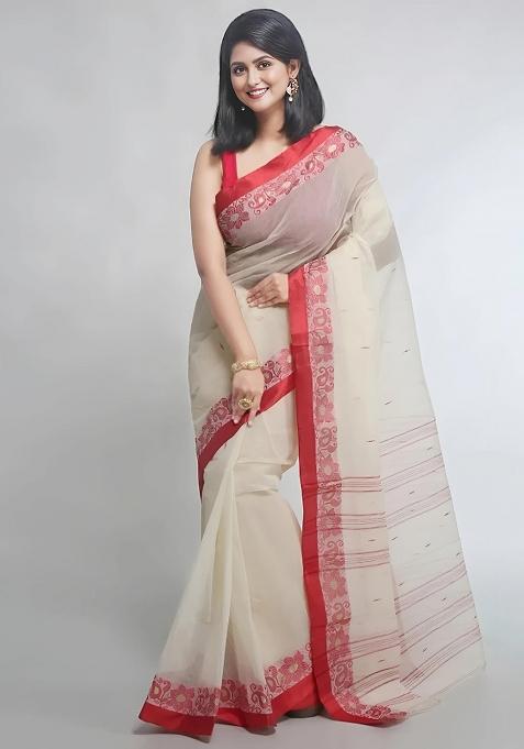 Beige Embroidery Cotton Blend Saree