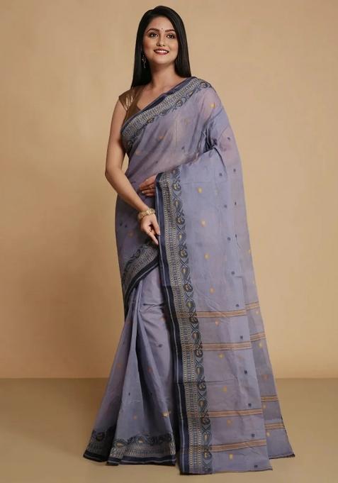 Grey Embroidery Cotton Blend Saree