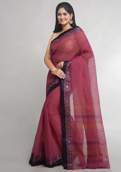 Maroon Embroidery Cotton Blend Saree