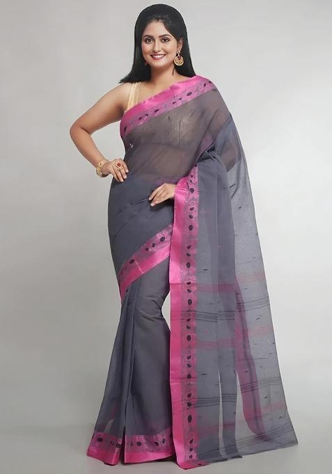 Grey Embroidery Cotton Blend Saree