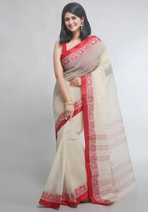 White Embroidery Cotton Blend Saree