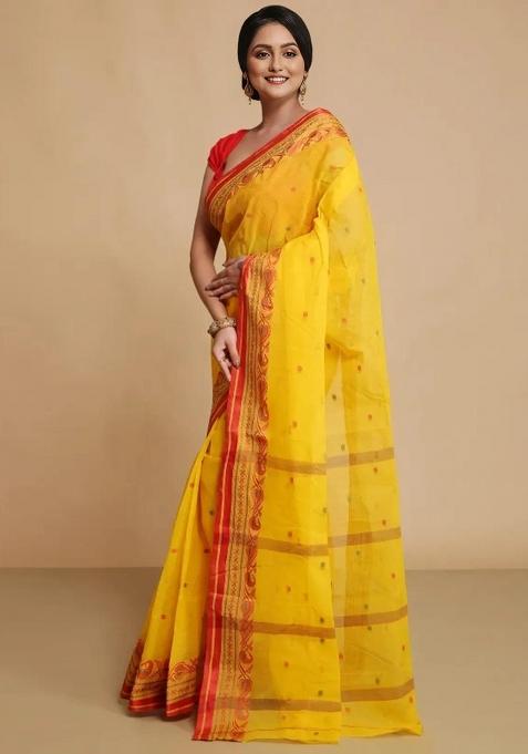 Yellow Embroidery Cotton Blend Saree