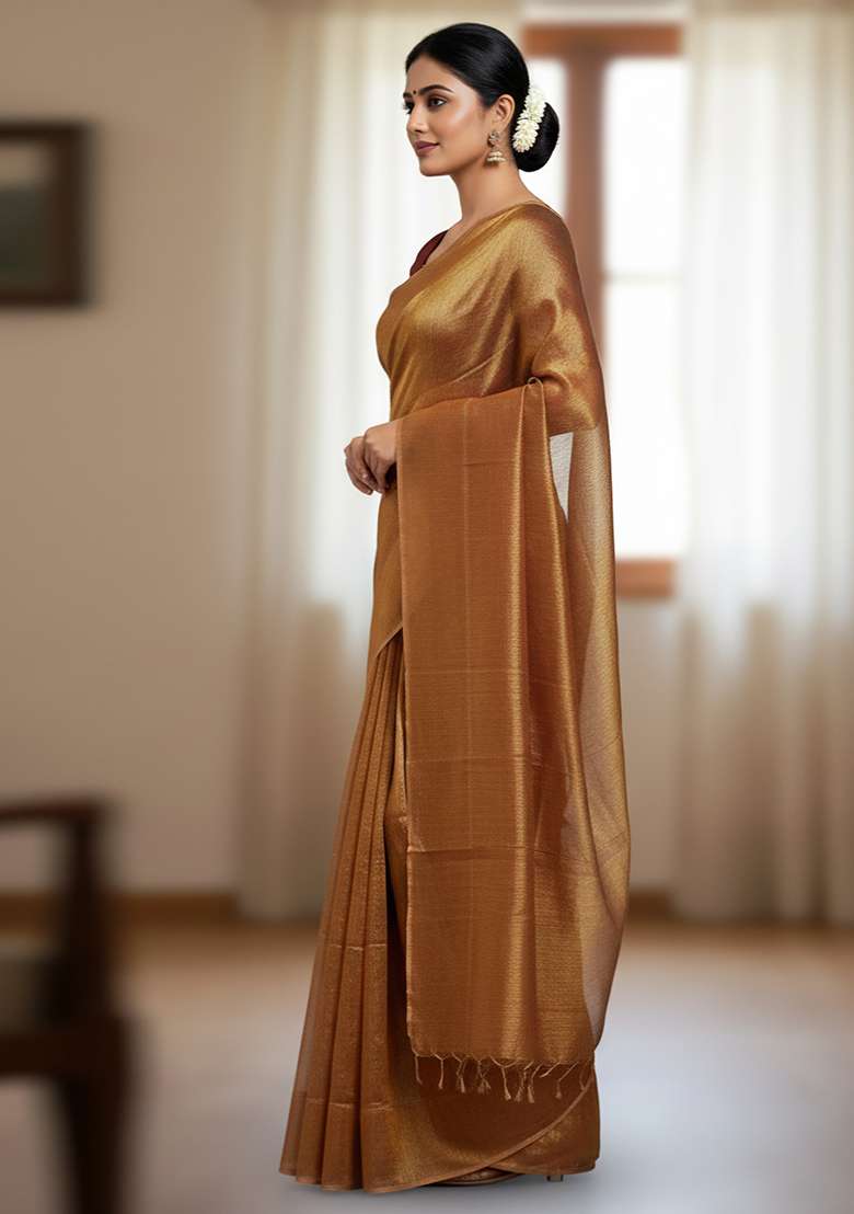 Gold Embroidery Tissue Saree - Indya