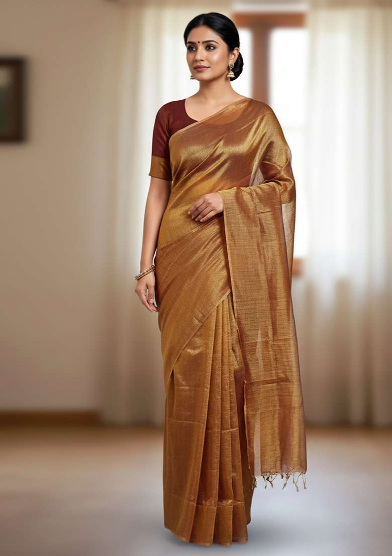 Gold Embroidery Tissue Saree - Indya