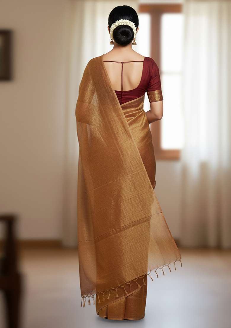 Gold Embroidery Tissue Saree - Indya