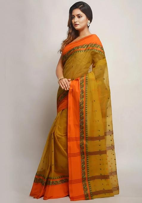 Yellow Embroidery Cotton Blend Saree