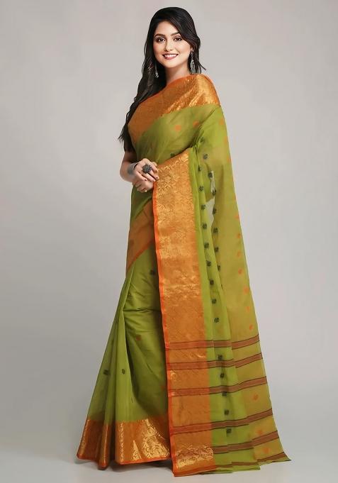 Green Embroidery Cotton Blend Saree