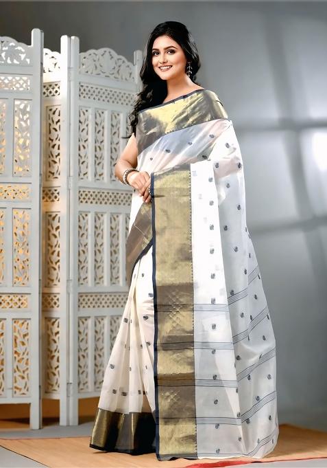 White Embroidery Cotton Blend Saree