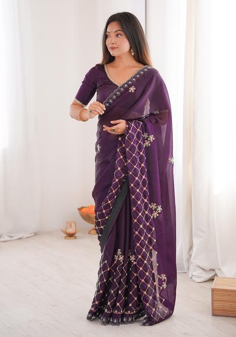 Purple Embroidery Satin Saree