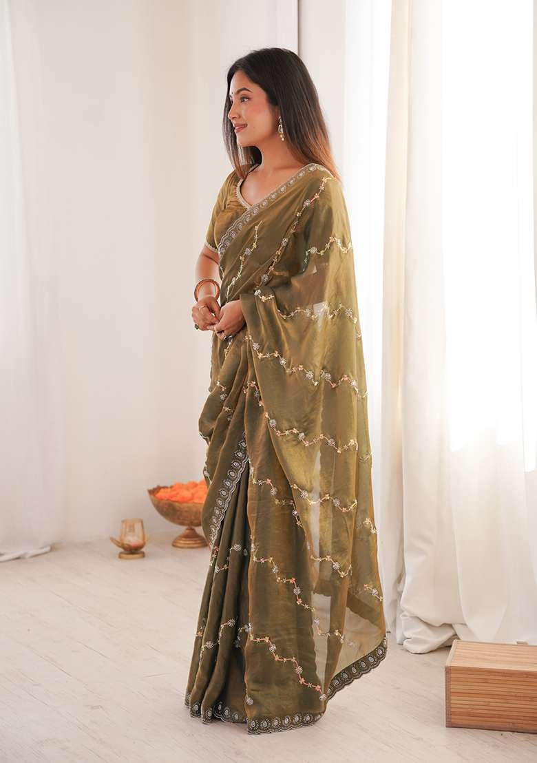 Mehendi Embroidery Satin Saree for Diwali and Festive Wear - Indya