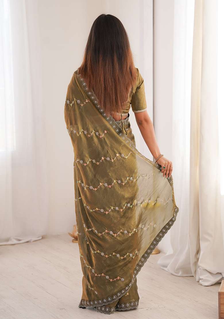Mehendi Embroidery Satin Saree for Diwali and Festive Wear - Indya