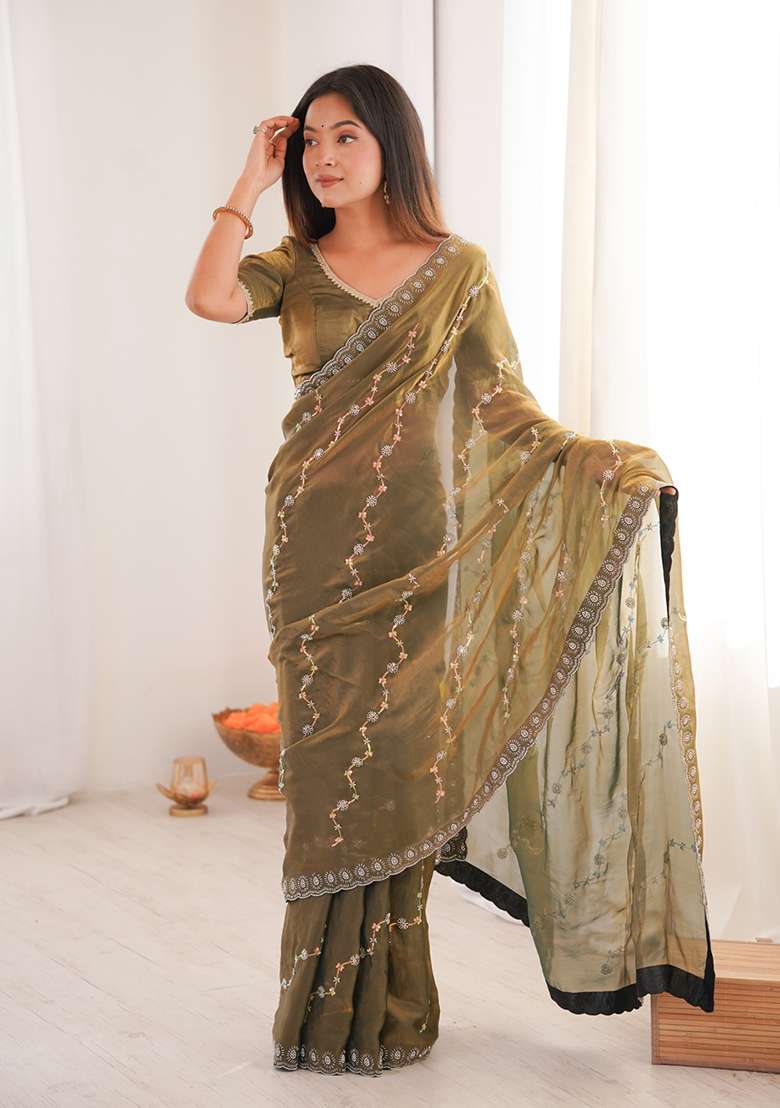 Mehendi Embroidery Satin Saree for Diwali and Festive Wear - Indya