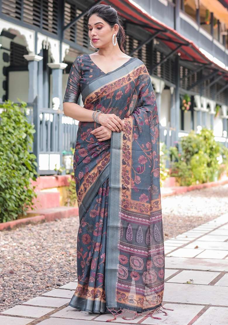Grey Embroidery Linen Cotton Saree With Blouse for Diwali and Festive Wear - Indya