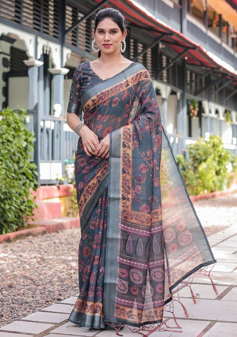 Grey Embroidery Linen Cotton Saree With Blouse for Diwali and Festive Wear - Indya