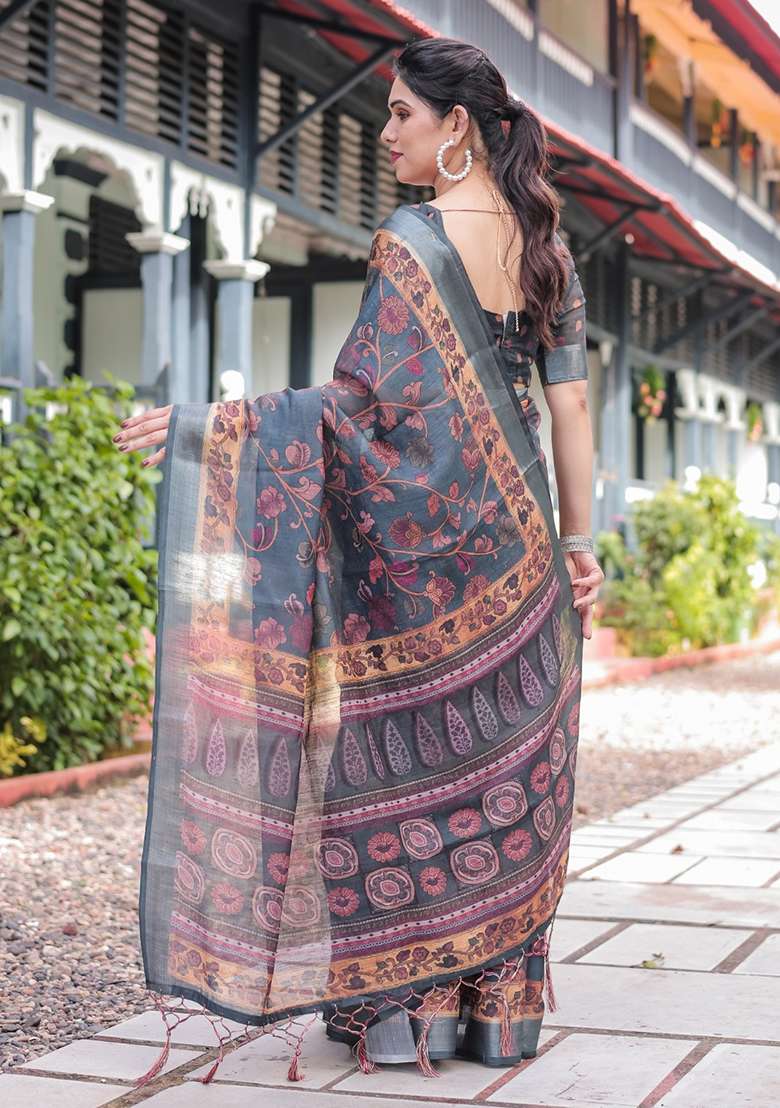 Grey Embroidery Linen Cotton Saree With Blouse for Diwali and Festive Wear - Indya