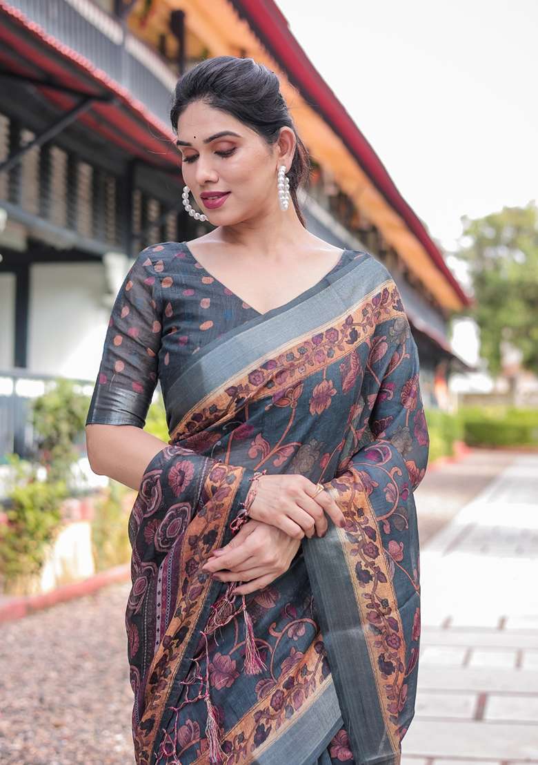 Grey Embroidery Linen Cotton Saree With Blouse for Diwali and Festive Wear - Indya