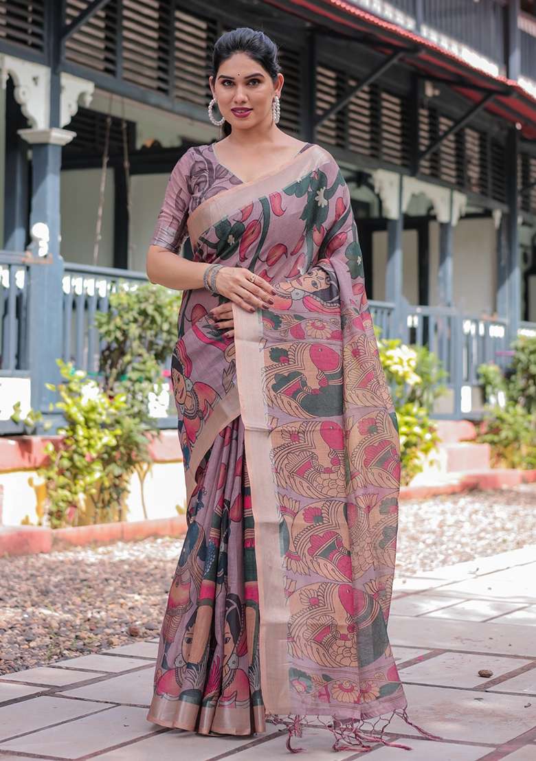 Mauve Embroidery Linen Cotton Saree With Blouse for Diwali and Festive Wear - Indya