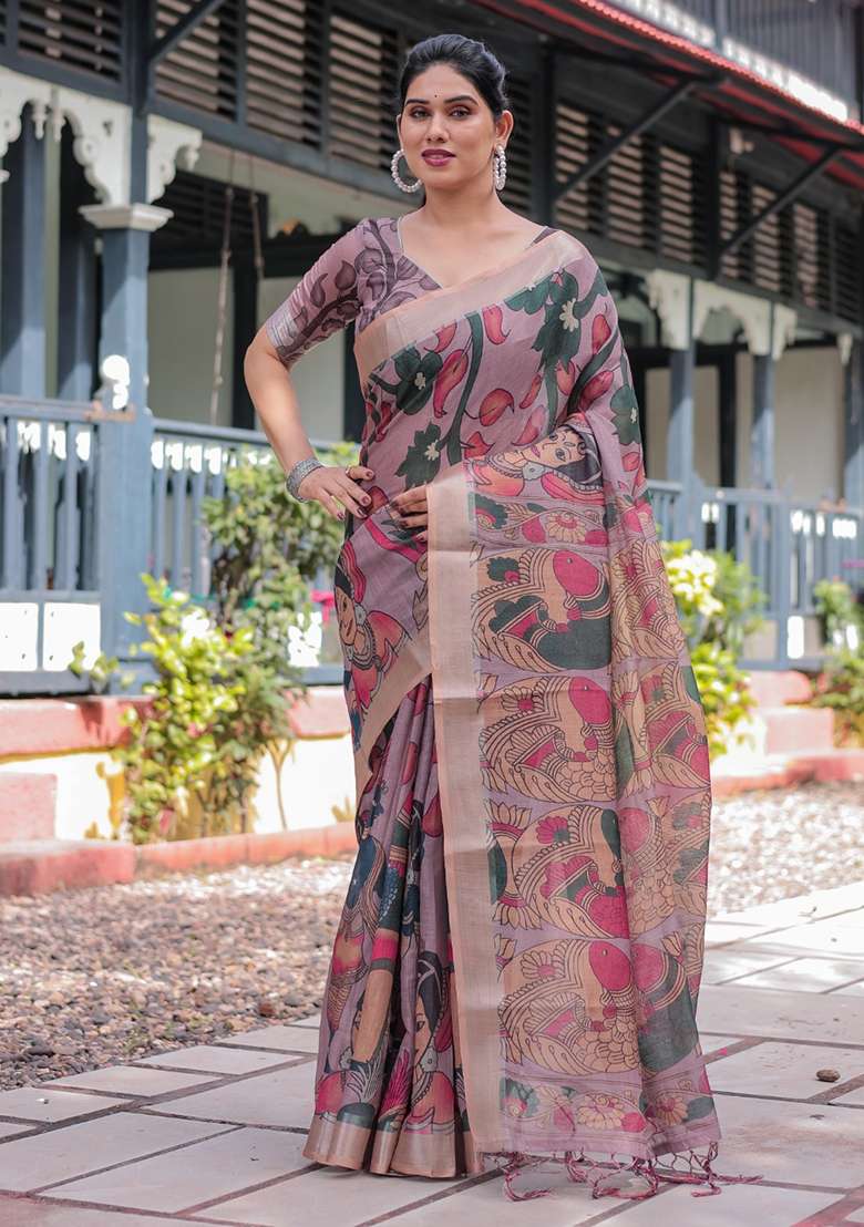 Mauve Embroidery Linen Cotton Saree With Blouse for Diwali and Festive Wear - Indya