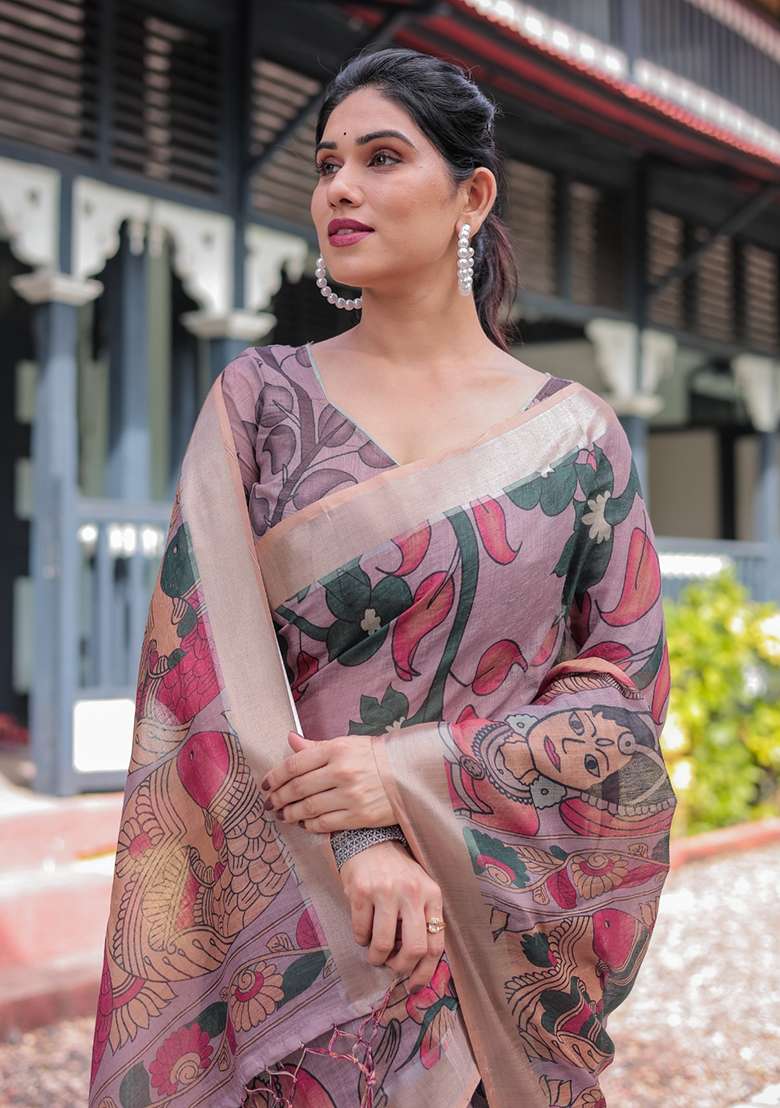 Mauve Embroidery Linen Cotton Saree With Blouse for Diwali and Festive Wear - Indya