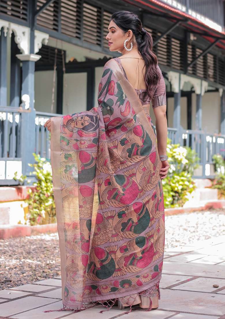 Mauve Embroidery Linen Cotton Saree With Blouse for Diwali and Festive Wear - Indya