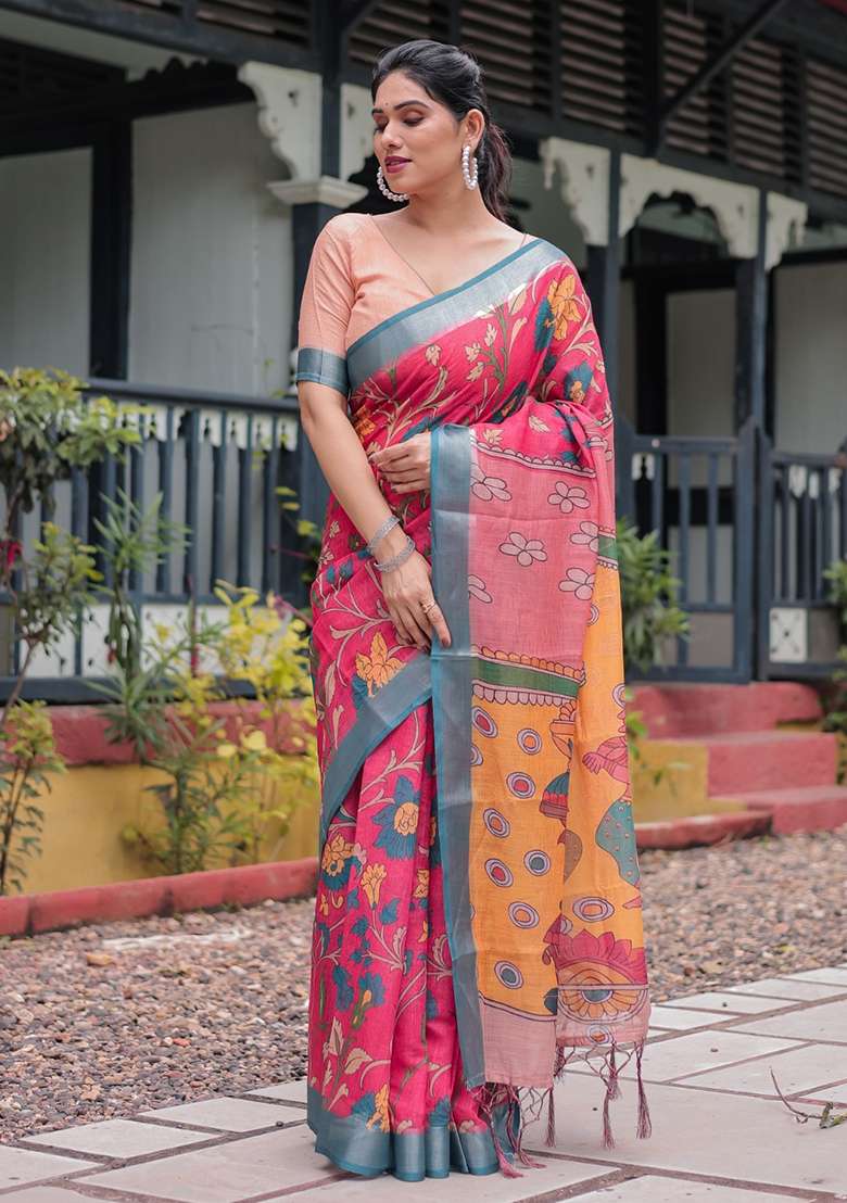 Pink Embroidery Linen Cotton Saree With Blouse for Diwali and Festive Wear - Indya