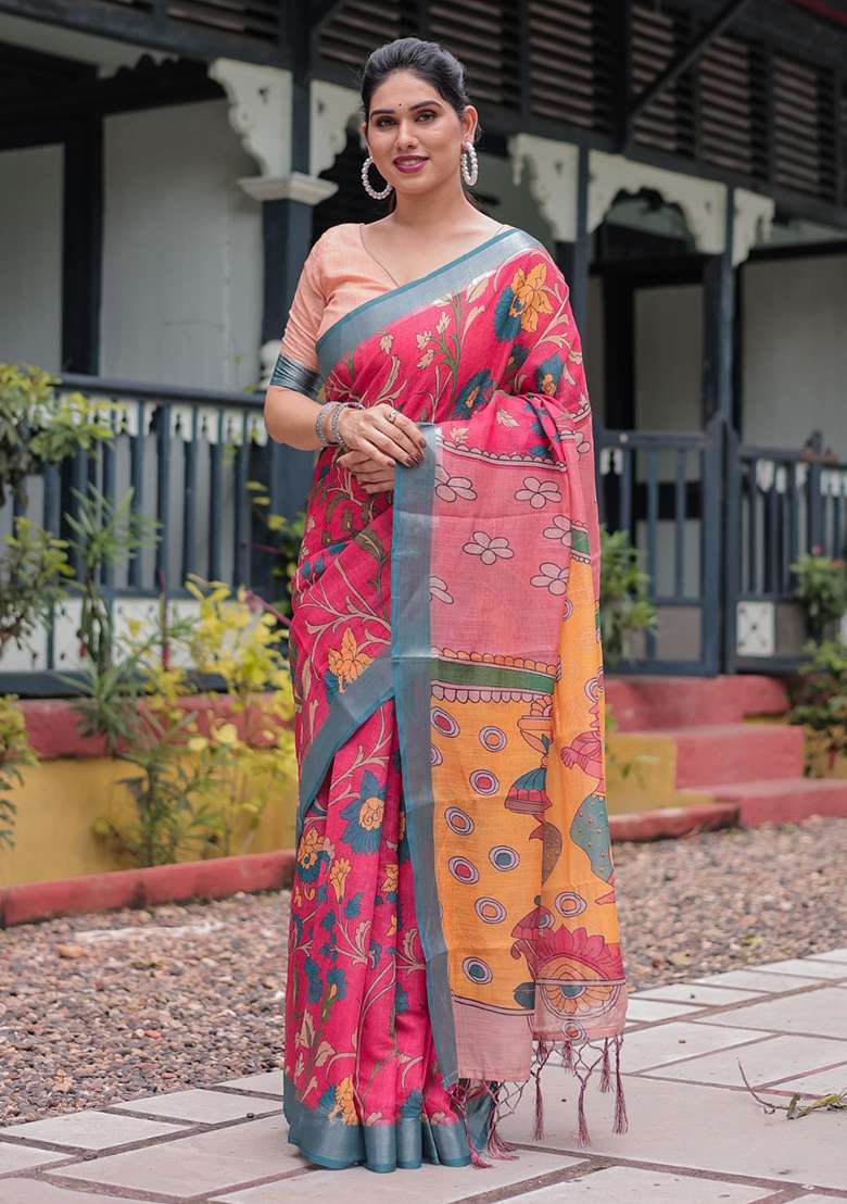 Pink Embroidery Linen Cotton Saree With Blouse for Diwali and Festive Wear - Indya