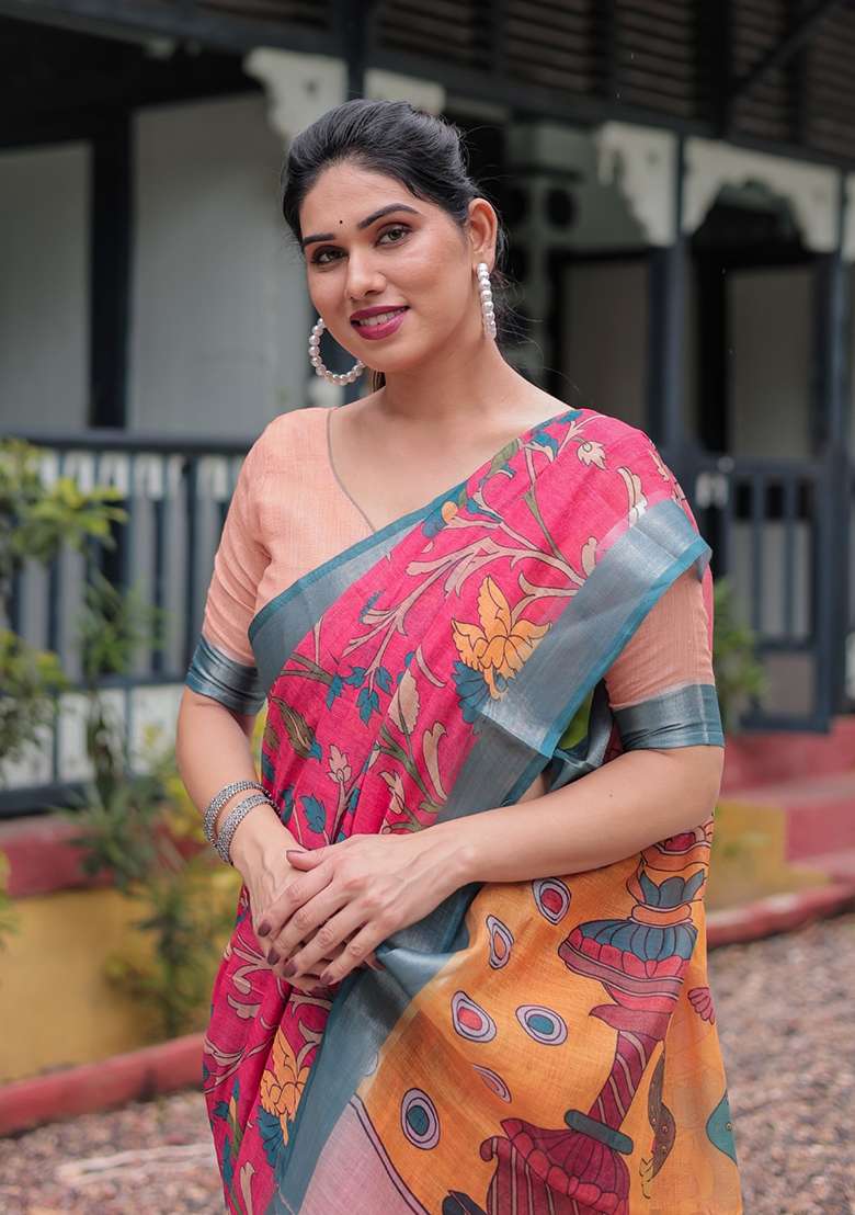 Pink Embroidery Linen Cotton Saree With Blouse for Diwali and Festive Wear - Indya