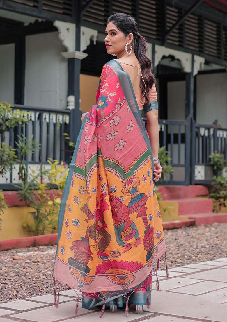 Pink Embroidery Linen Cotton Saree With Blouse for Diwali and Festive Wear - Indya