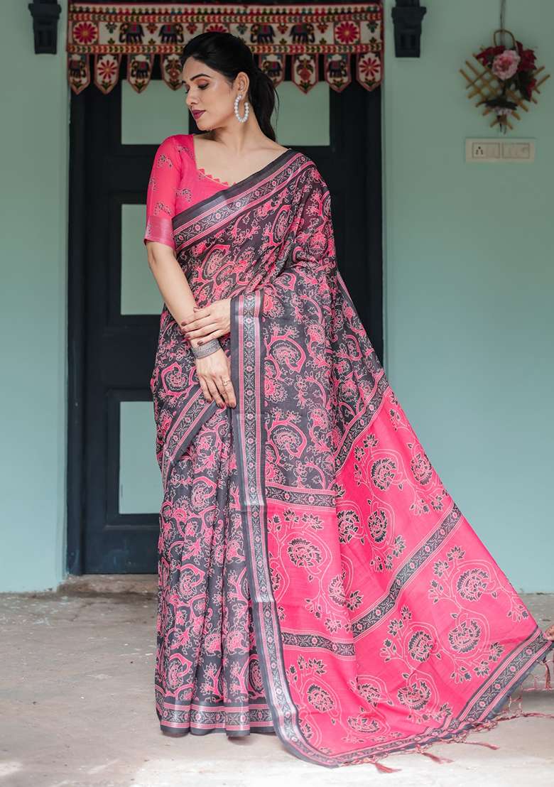 Grey Linen With Blouse Cotton Saree with Embroidery for Diwali | Wedding & Festive Wear - Indya