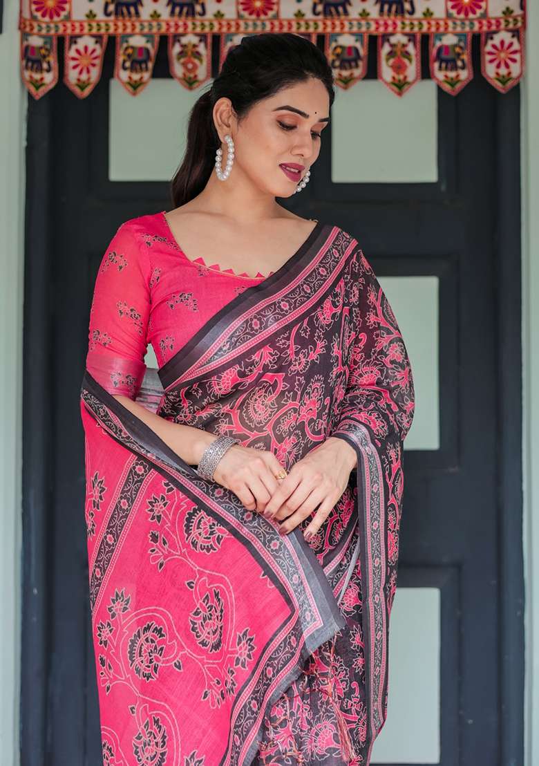 Grey Linen With Blouse Cotton Saree with Embroidery for Diwali | Wedding & Festive Wear - Indya