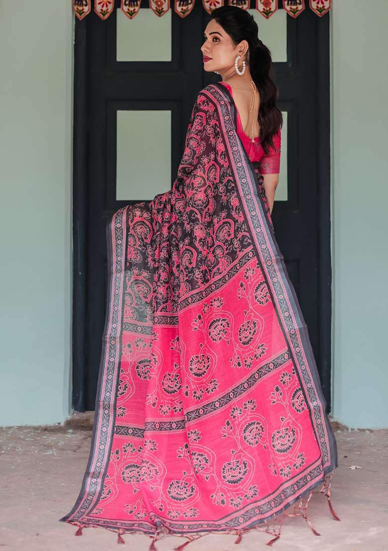 Grey Linen With Blouse Cotton Saree with Embroidery for Diwali | Wedding & Festive Wear - Indya
