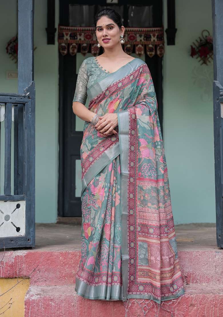 Grey Linen With Blouse Cotton Saree with Embroidery for Diwali | Wedding & Festive Wear - Indya