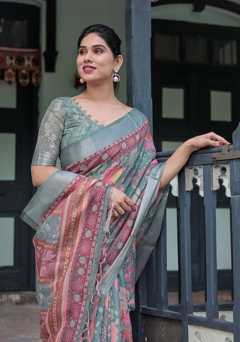 Grey Linen With Blouse Cotton Saree with Embroidery for Diwali | Wedding & Festive Wear - Indya