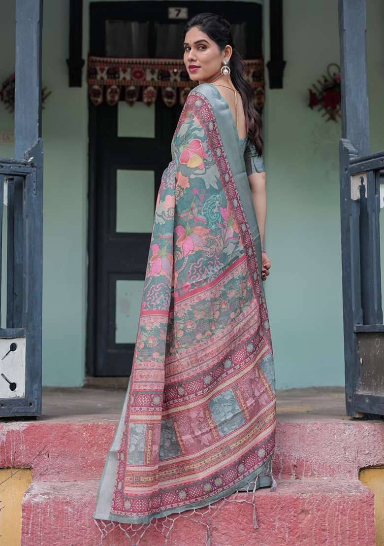Grey Linen With Blouse Cotton Saree with Embroidery for Diwali | Wedding & Festive Wear - Indya