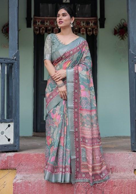 Grey Embroidery Linen Cotton Saree With Blouse