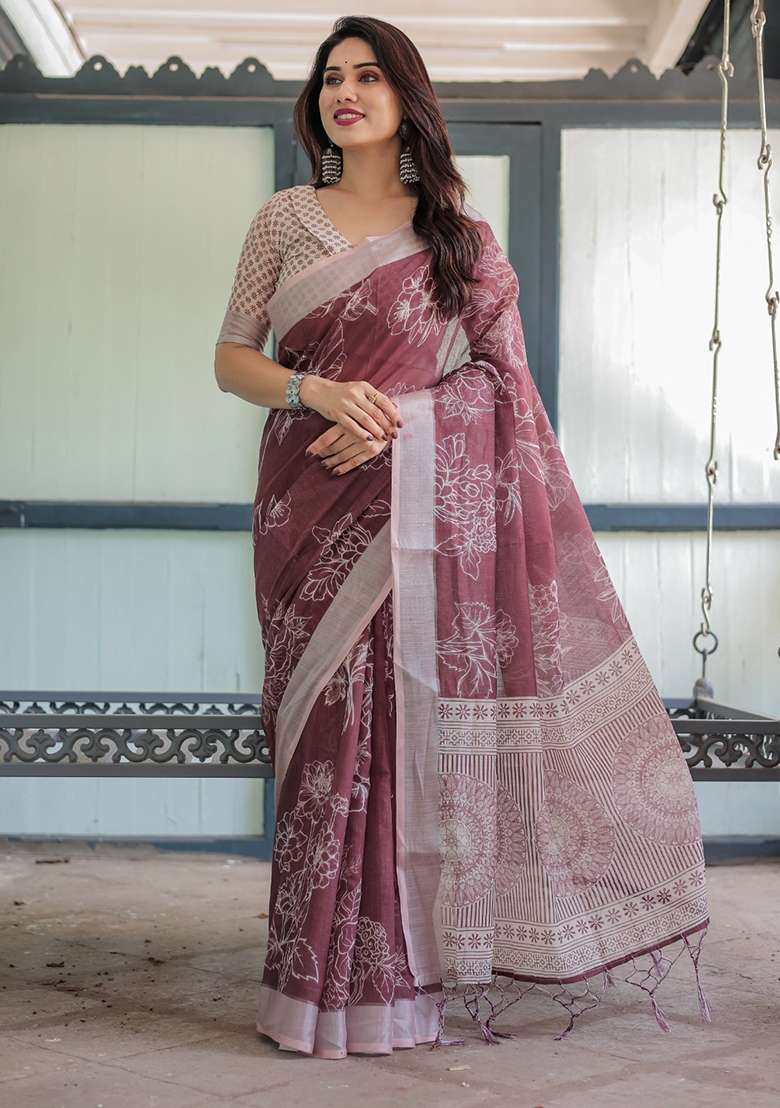 Maroon Linen With Blouse Cotton Saree with Embroidery for Diwali | Wedding & Festive Wear - Indya