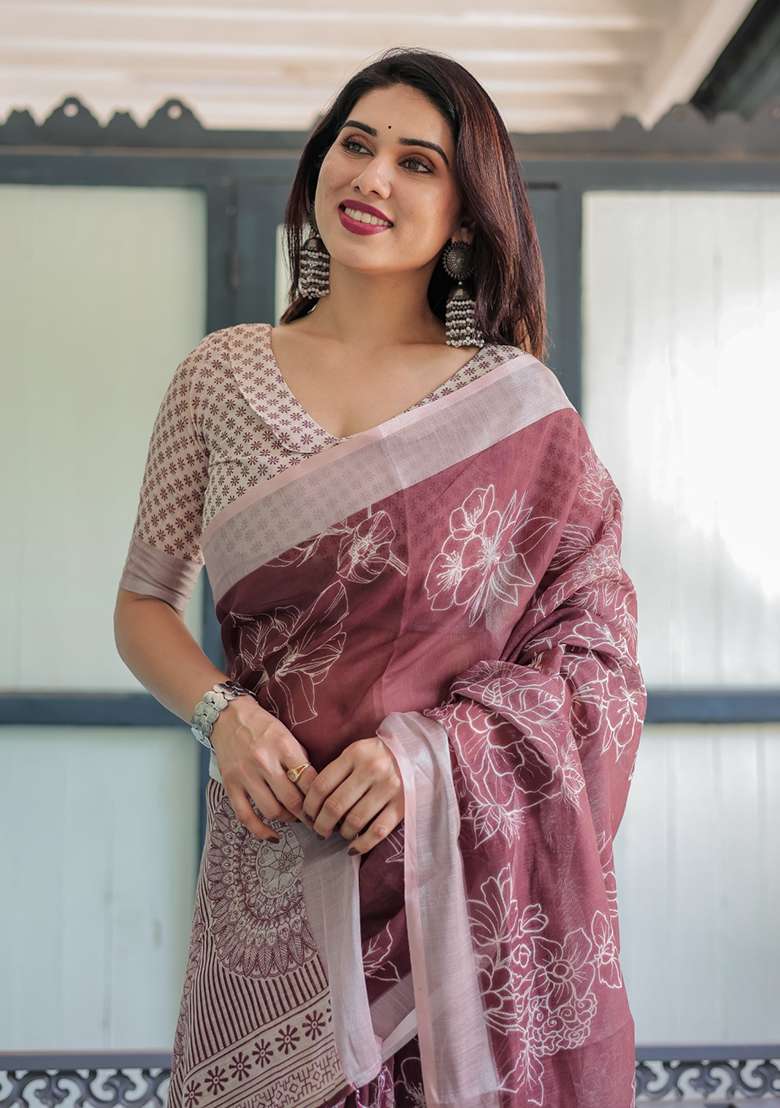 Maroon Linen With Blouse Cotton Saree with Embroidery for Diwali | Wedding & Festive Wear - Indya