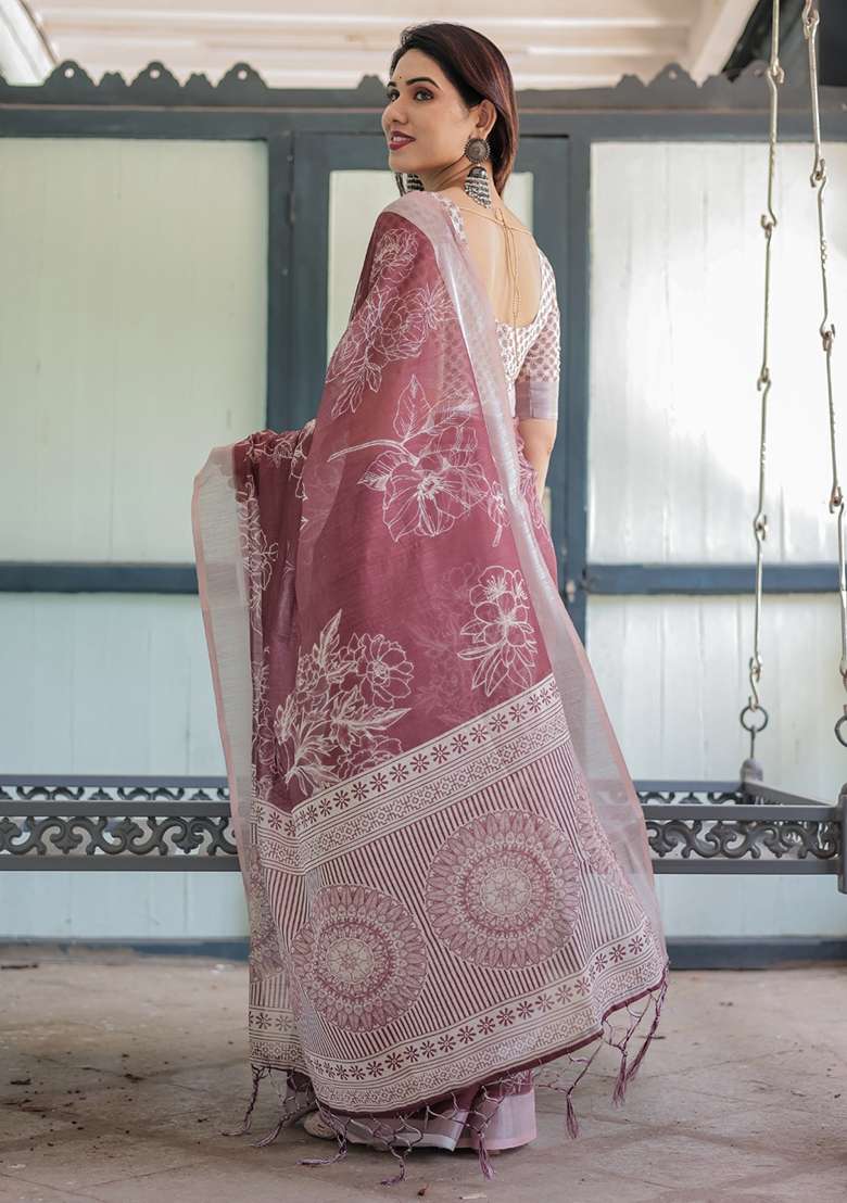 Maroon Linen With Blouse Cotton Saree with Embroidery for Diwali | Wedding & Festive Wear - Indya