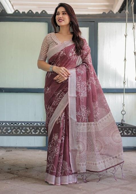 Maroon Embroidery Linen Cotton Saree With Blouse
