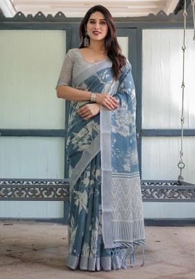 Grey Embroidery Linen Cotton Saree With Blouse