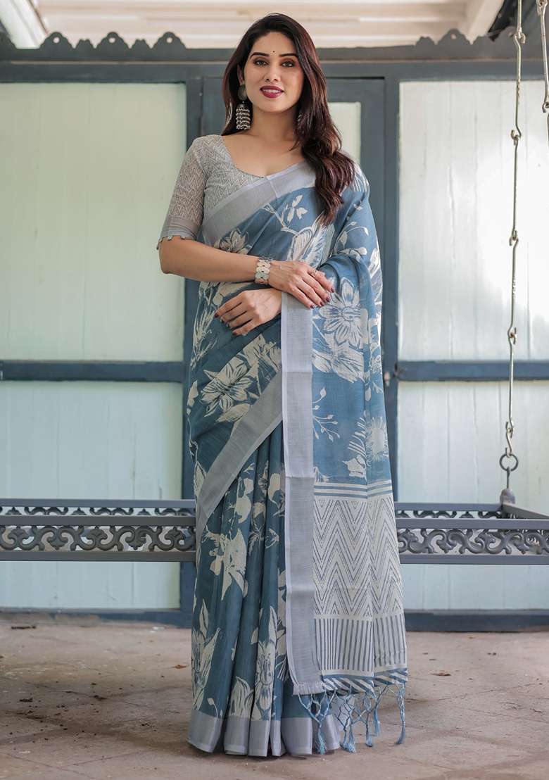 Grey Embroidery Linen Cotton Saree With Blouse for Diwali and Festive Wear - Indya