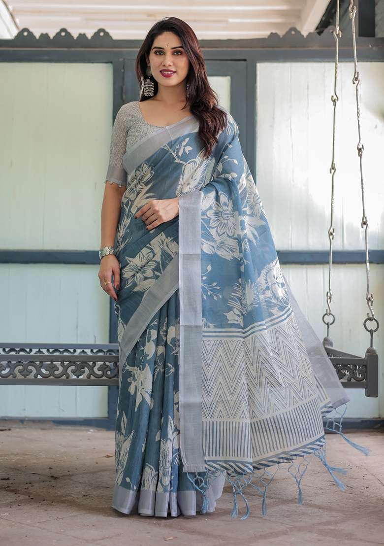 Grey Embroidery Linen Cotton Saree With Blouse for Diwali and Festive Wear - Indya