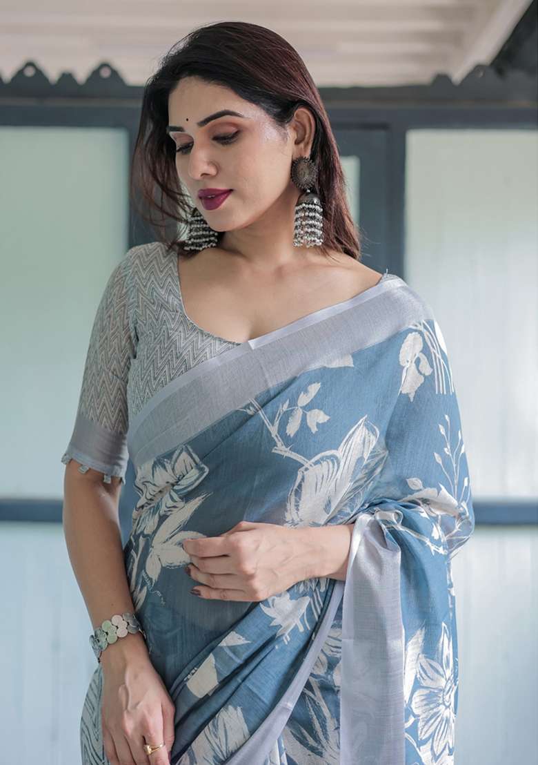 Grey Embroidery Linen Cotton Saree With Blouse for Diwali and Festive Wear - Indya