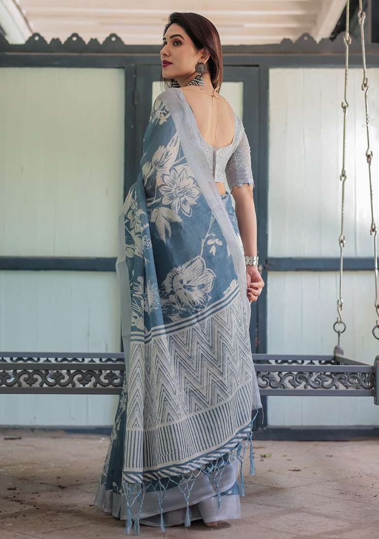 Grey Embroidery Linen Cotton Saree With Blouse for Diwali and Festive Wear - Indya