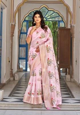 Pink Embroidery Soft Crystal Silk Saree With Blouse