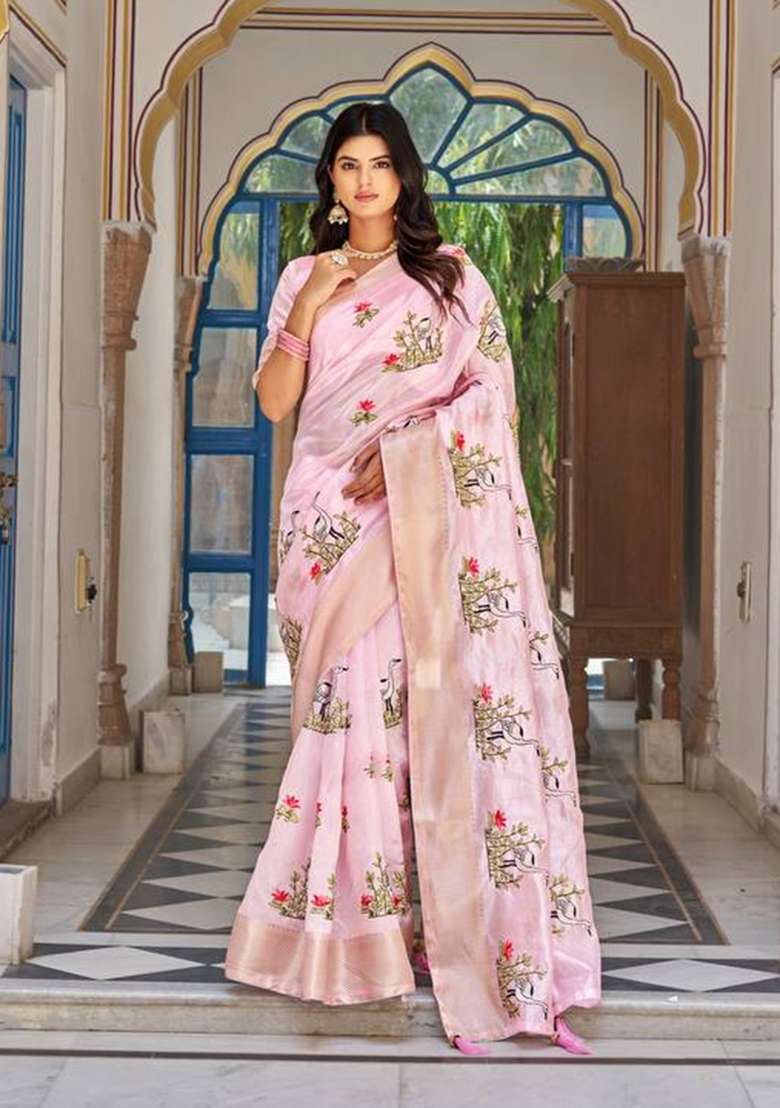 Pink Soft Crystal With Blouse Silk Blend Saree with Embroidery for Diwali | Wedding & Festive Wear - Indya
