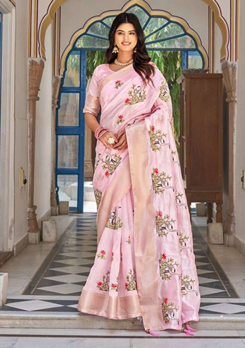 Pink Soft Crystal With Blouse Silk Blend Saree with Embroidery for Diwali | Wedding & Festive Wear - Indya