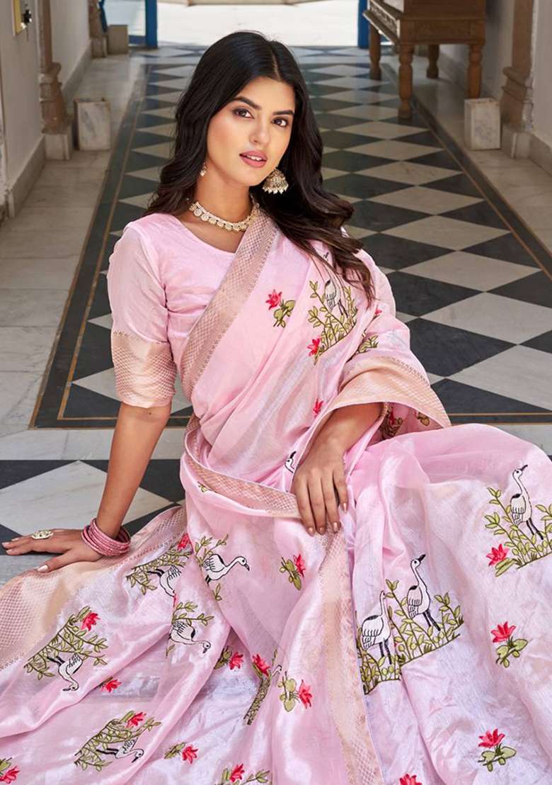 Pink Soft Crystal With Blouse Silk Blend Saree with Embroidery for Diwali | Wedding & Festive Wear - Indya